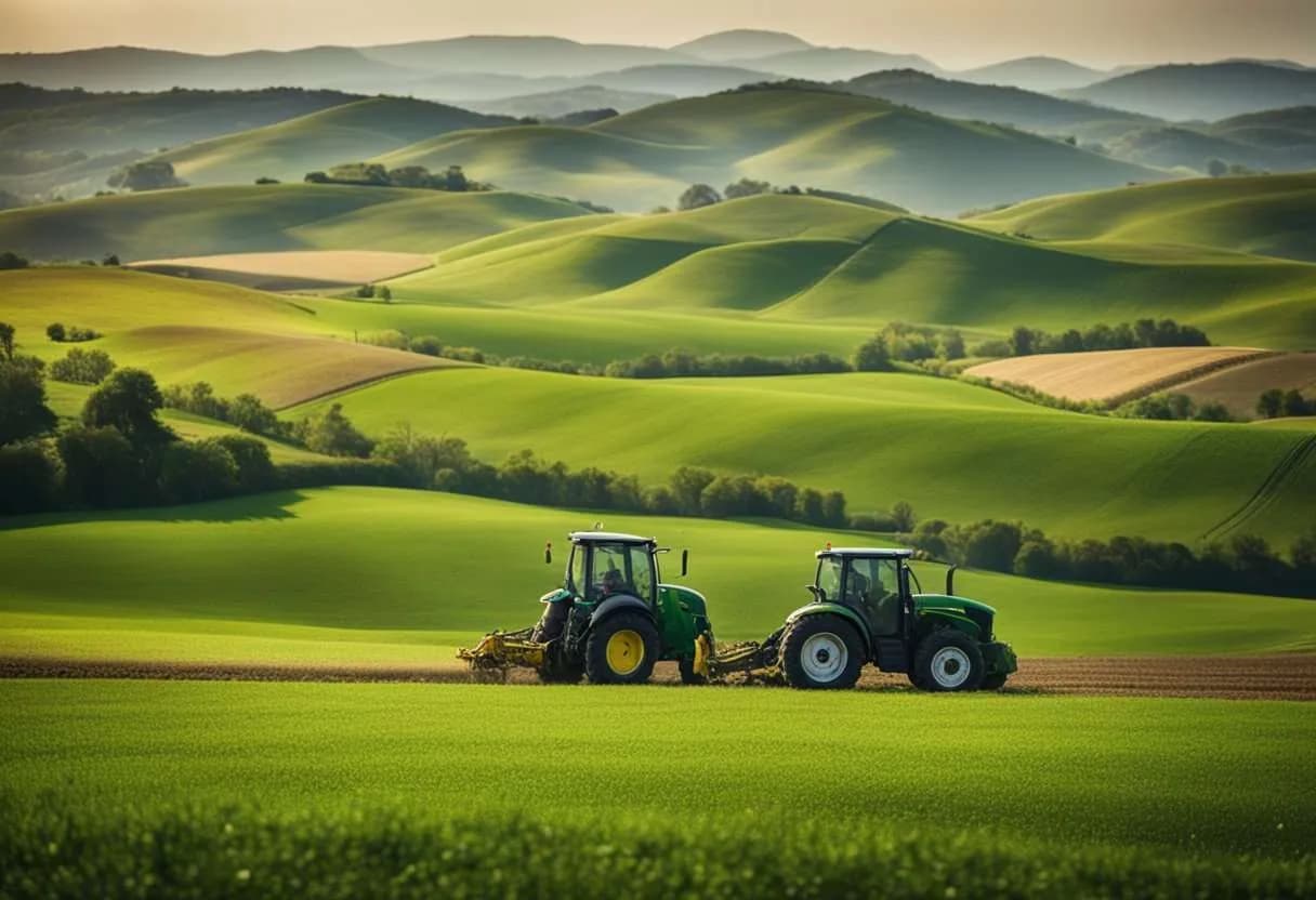 Two tractors working green, rolling farmland